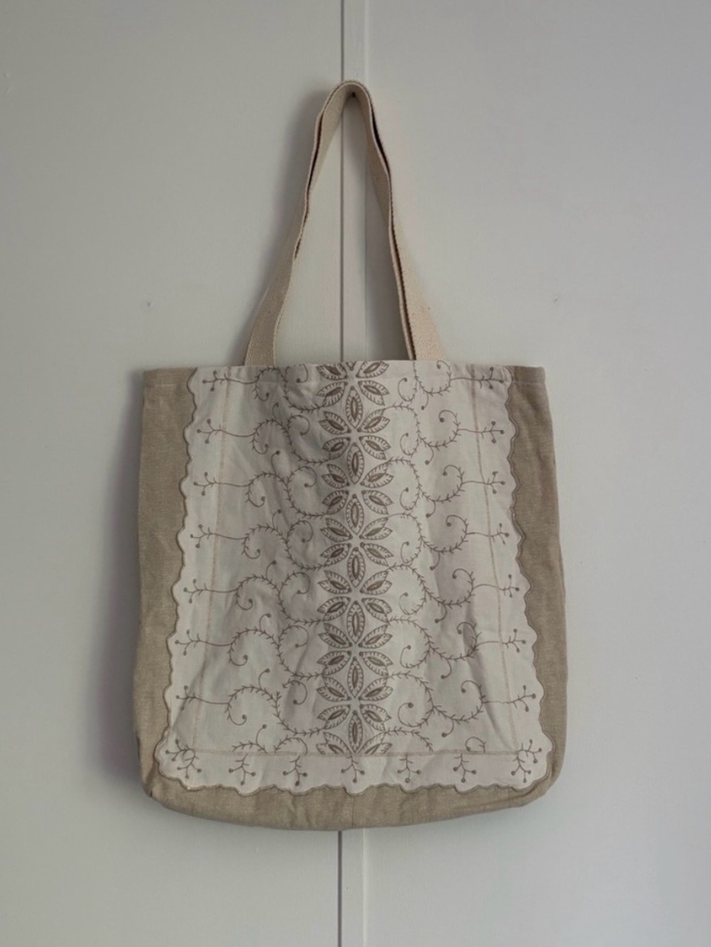 Beige and Cream Vintage Embroidered Linens Tote Bag